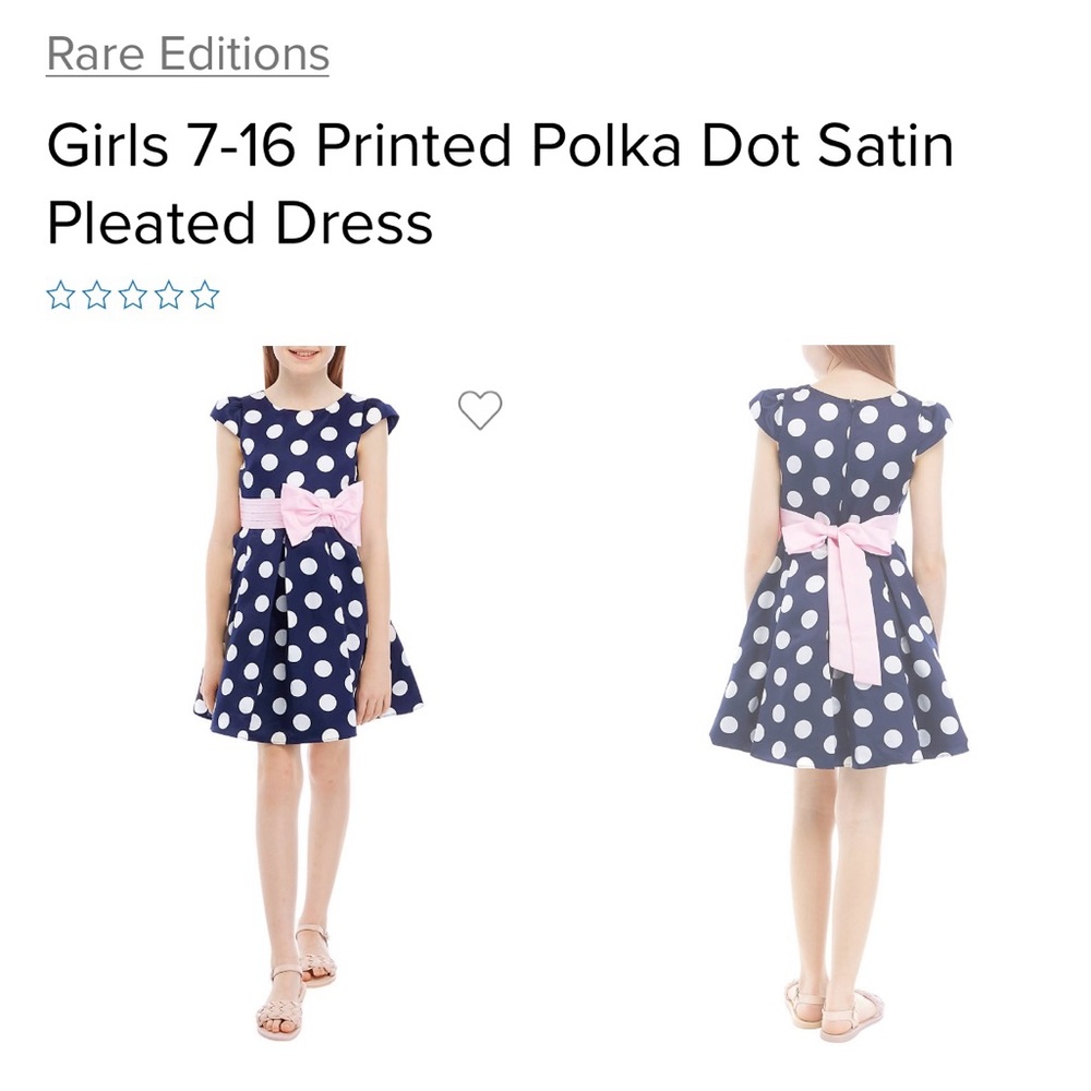 Rare Editions 
Girls Sz 14 
Navy/White dot dress 
Zip closure cap sleeves